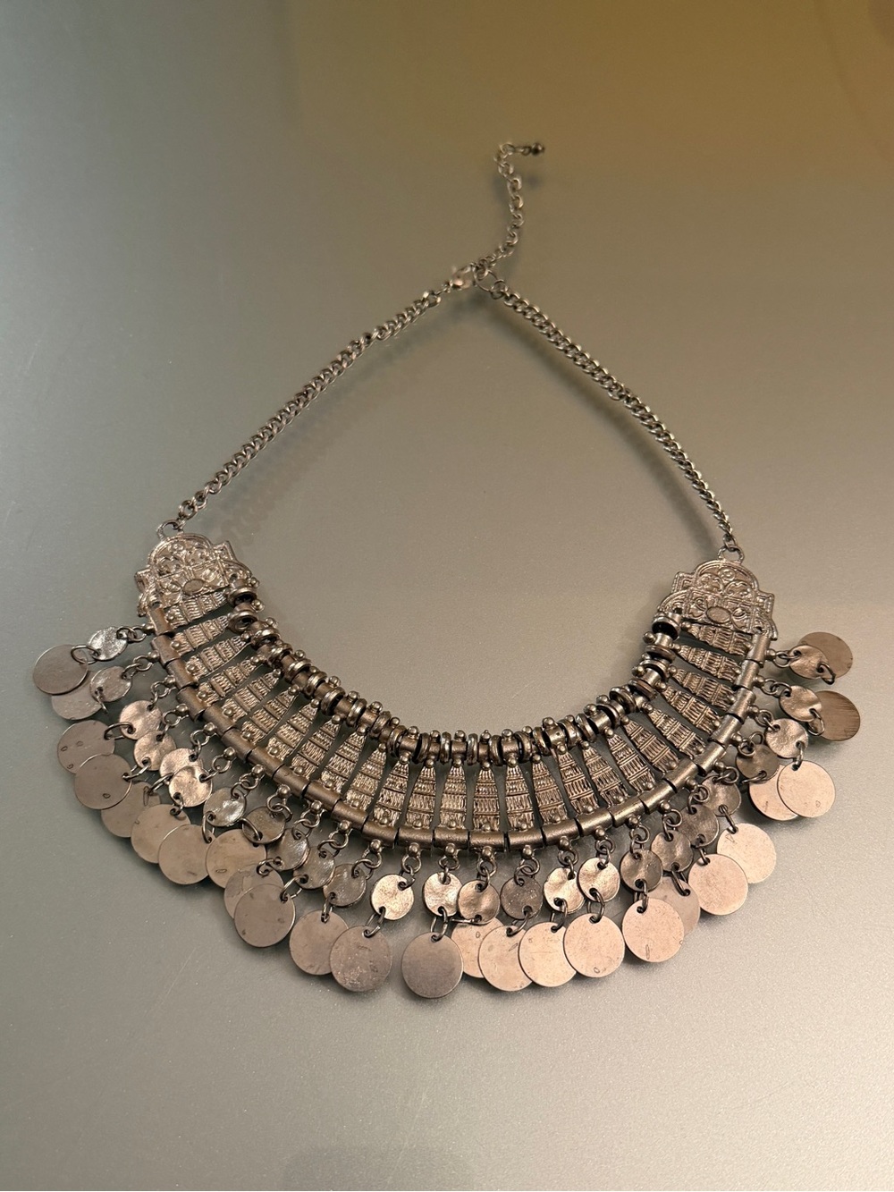 Vintage Silver-Tone Coin Fringe  Necklace -Indian Ceremonial Costume Jewelry